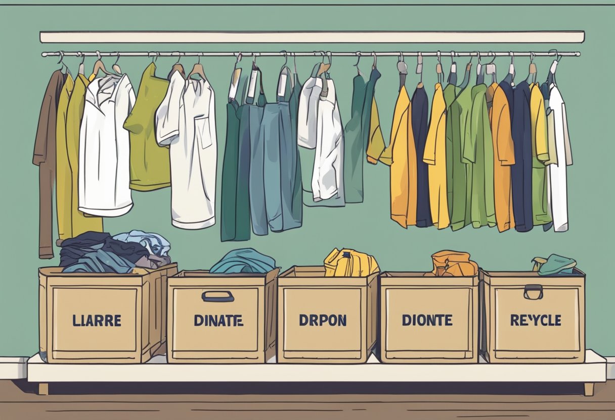 Old clothes sorted into bins labeled "donate," "repurpose," and "recycle." A person dropping clothes into each bin