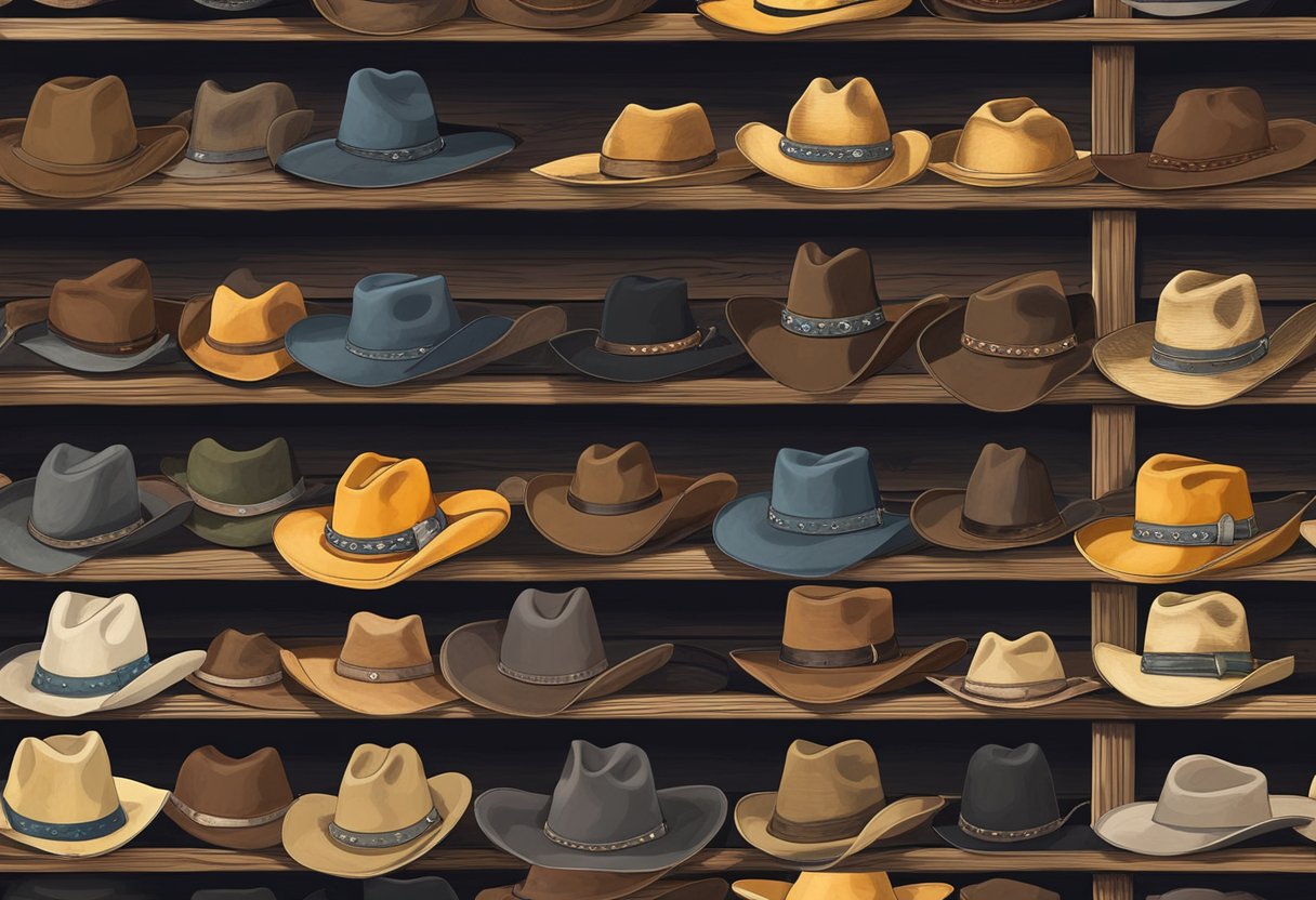 A collection of old cowboy hats sits on a weathered wooden shelf, each hat showing signs of wear and tear from years of use