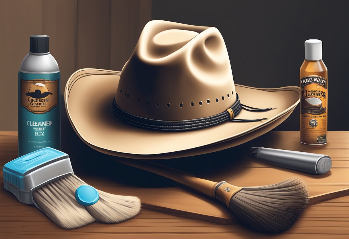 A cowboy hat sits on a table next to a can of hat cleaner and a soft brush. A hand reaches for the hat, ready to give it a gentle clean