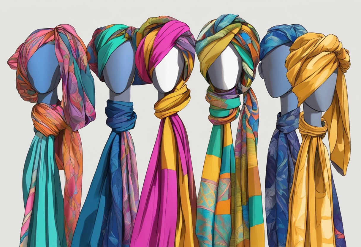 Colorful babushkas draped over mannequins, twisted into headbands, and tied around purse handles. Creative repurposing of old babushkas into trendy fashion accessories