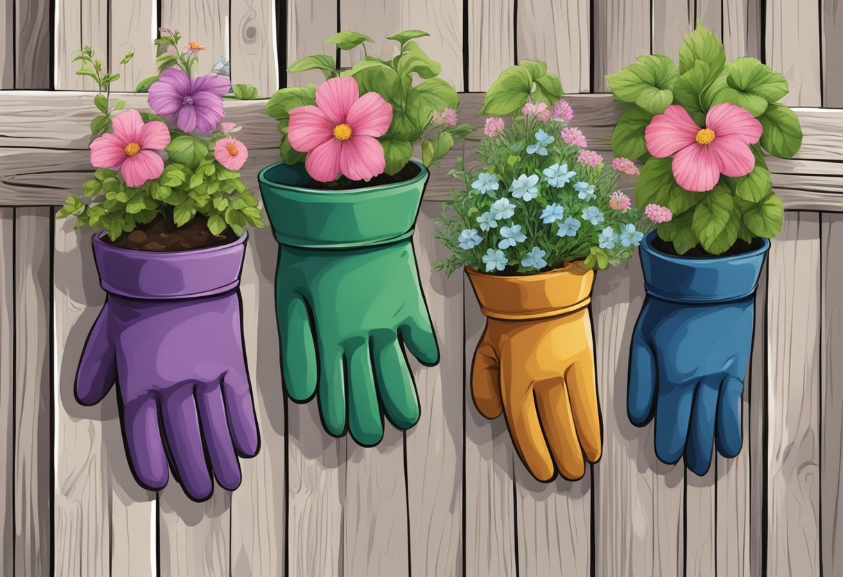 Old gloves transformed into planters, hanging from a wooden fence. Flowers and herbs sprout from the fingers, adding a touch of whimsy to the garden