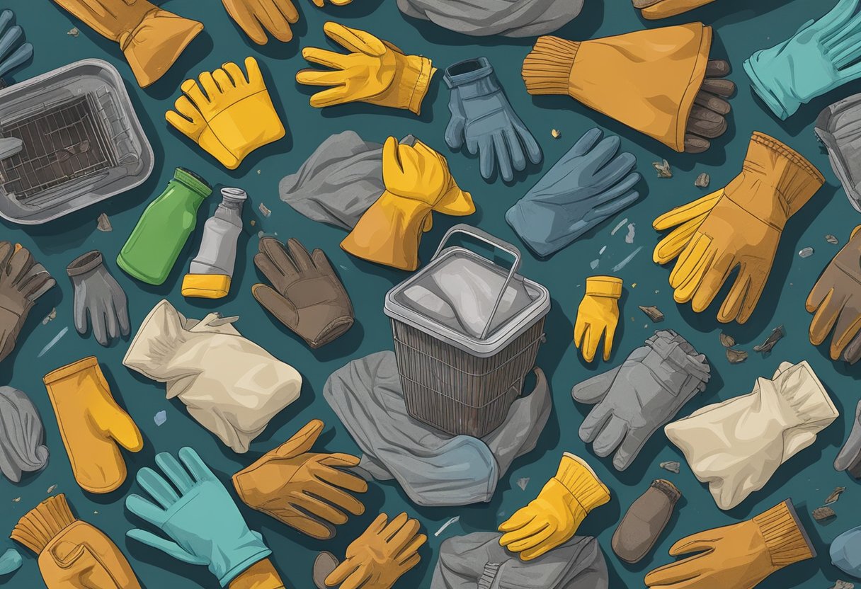 Old gloves discarded in a recycling bin, surrounded by other worn-out items