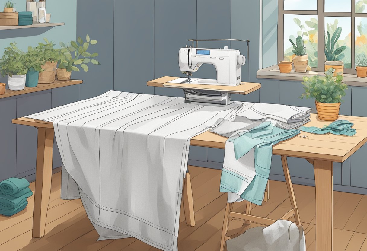 Old sheets being cut and sewn into new items like reusable shopping bags, pillow covers, and cloth napkins. Scissors, sewing machine, and fabric scraps scattered on a table