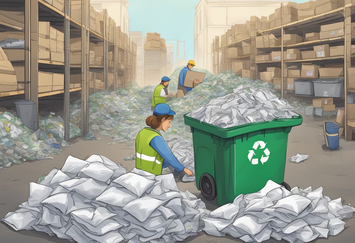 A pile of old sheets being sorted into separate bins for recycling and donation. A person labeling the bins with "Recycle" and "Donate" signs