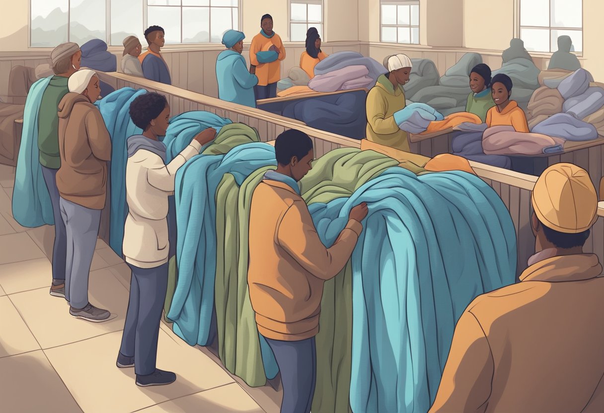 People donate old blankets to charity. A community center collects and distributes them to those in need