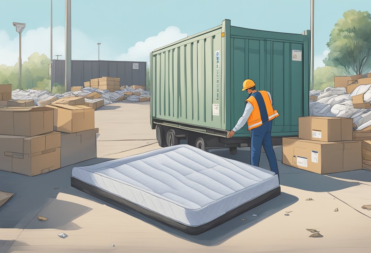 A person placing an old mattress into a designated disposal area at a recycling center