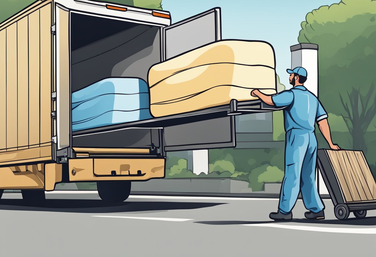 A mattress being loaded onto a truck for donation or repurposing. A worker guiding it with a hand truck