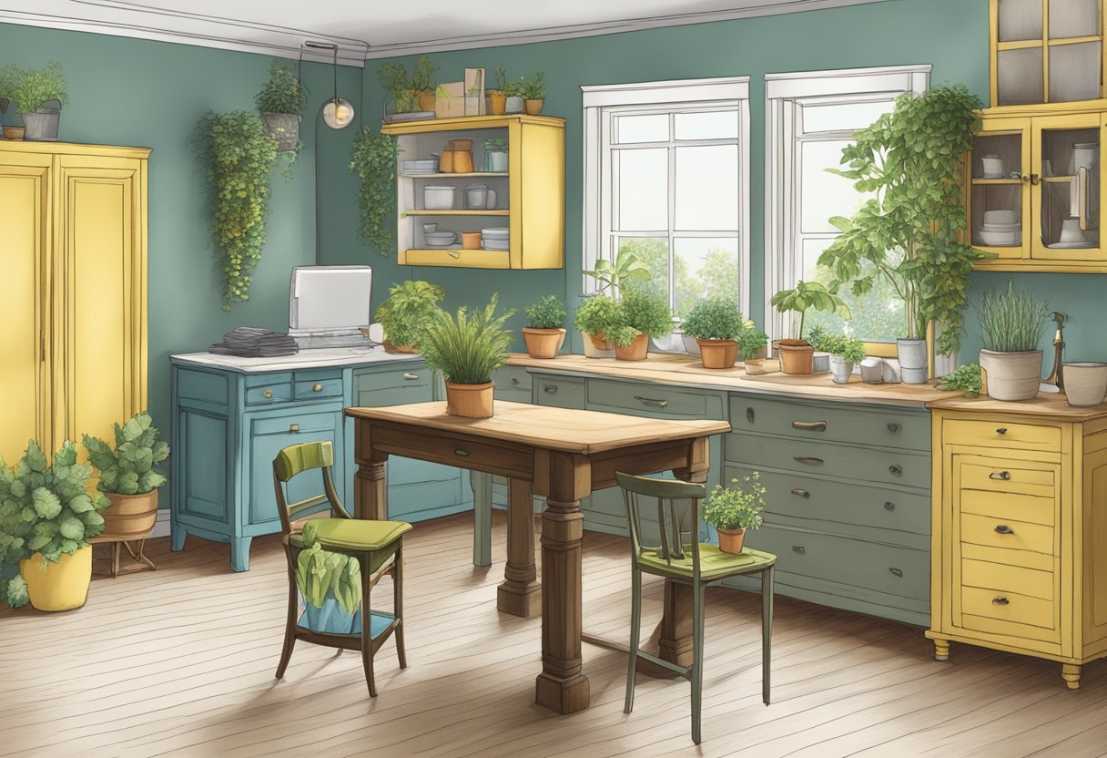 Old furniture being transformed into new items: a chair becomes a planter, a dresser turned into a kitchen island, and a table repurposed as a desk