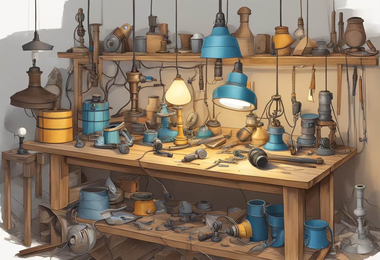 Old lamps laid out on a workbench, tools and materials scattered around. One lamp stripped of its wiring, another with a cracked base. A pile of lampshades in various states of disrepair nearby