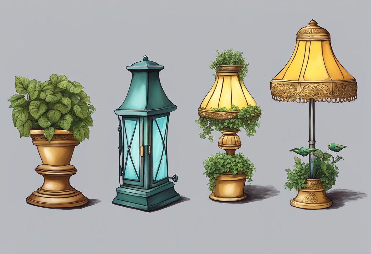 An old lamp transformed into a plant stand, another into a bird feeder, and a third into a decorative candle holder