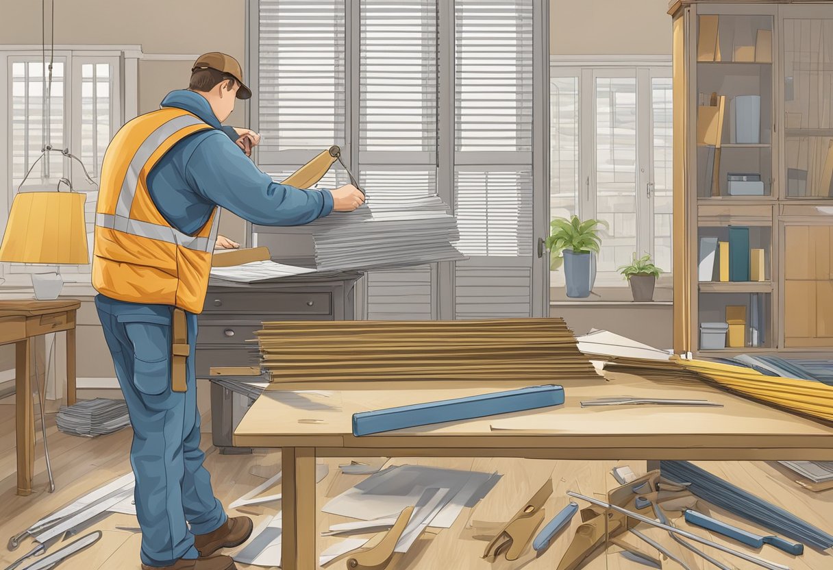 An individual examines old blinds, measuring and gathering tools for removal and disposal