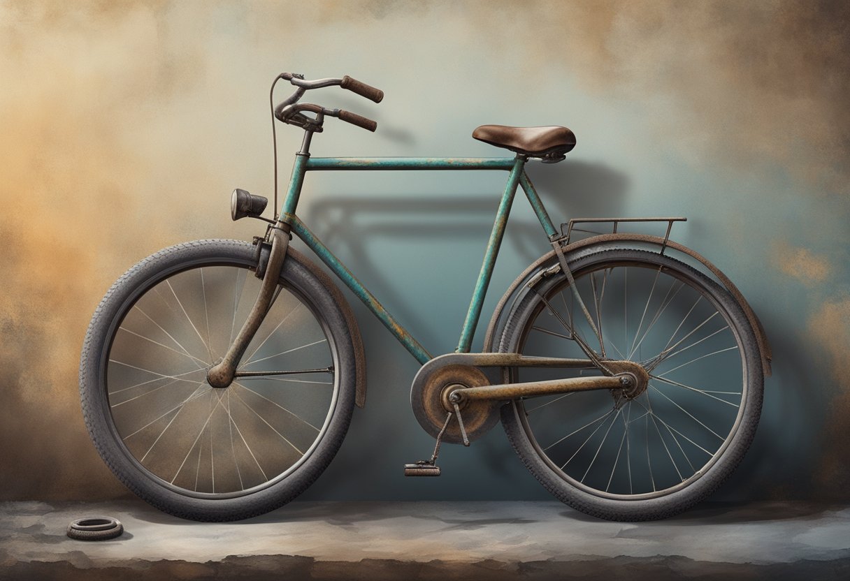 An old bike sits in a garage, covered in dust and rust. Its tires are flat, and the chain is rusty. The paint is chipped and faded, and the handlebars are crooked