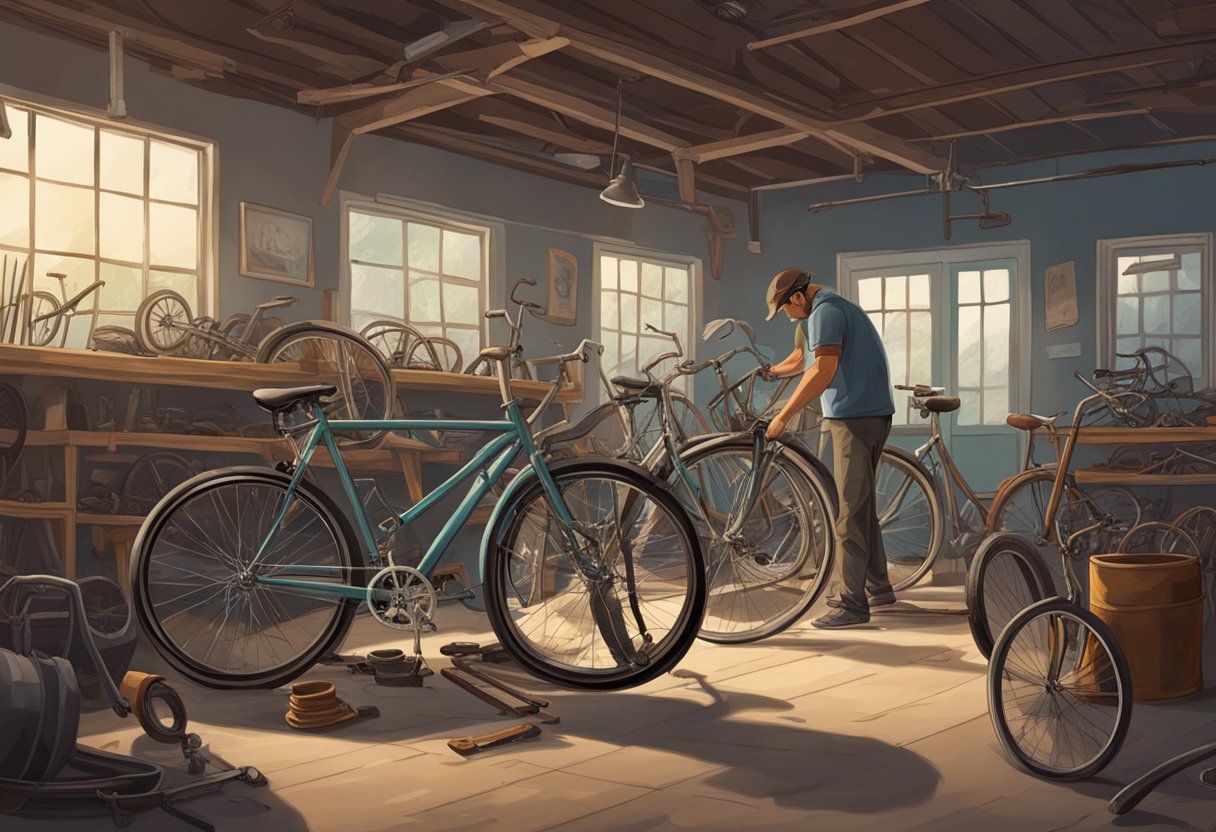 Old bikes stacked in a garage, some with rusted frames and flat tires. A person is seen disassembling one, while another is being repainted