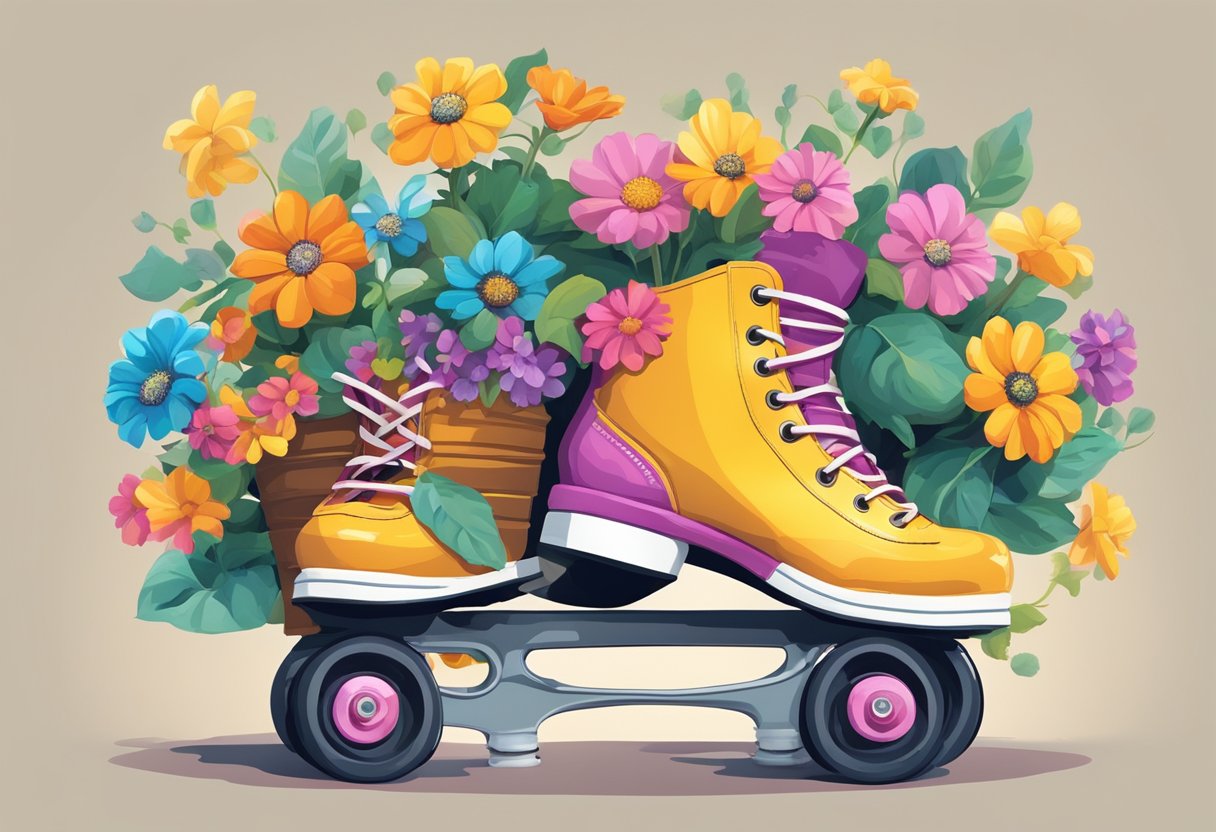 Old roller skates being transformed into a flower pot holder, with colorful flowers spilling out from the wheels