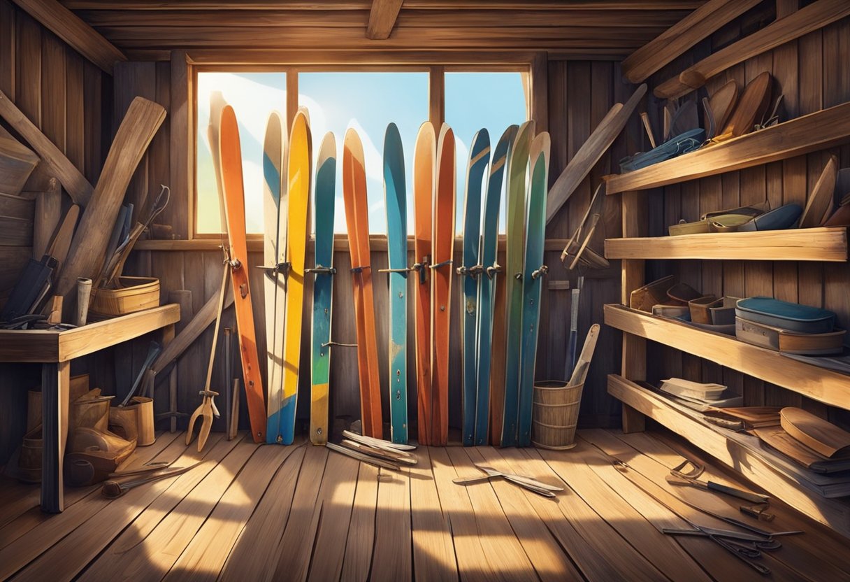 Old skis stacked in a rustic wooden shed, surrounded by tools and materials for repurposing. Sunlight filters through the cracks, casting warm shadows on the weathered skis