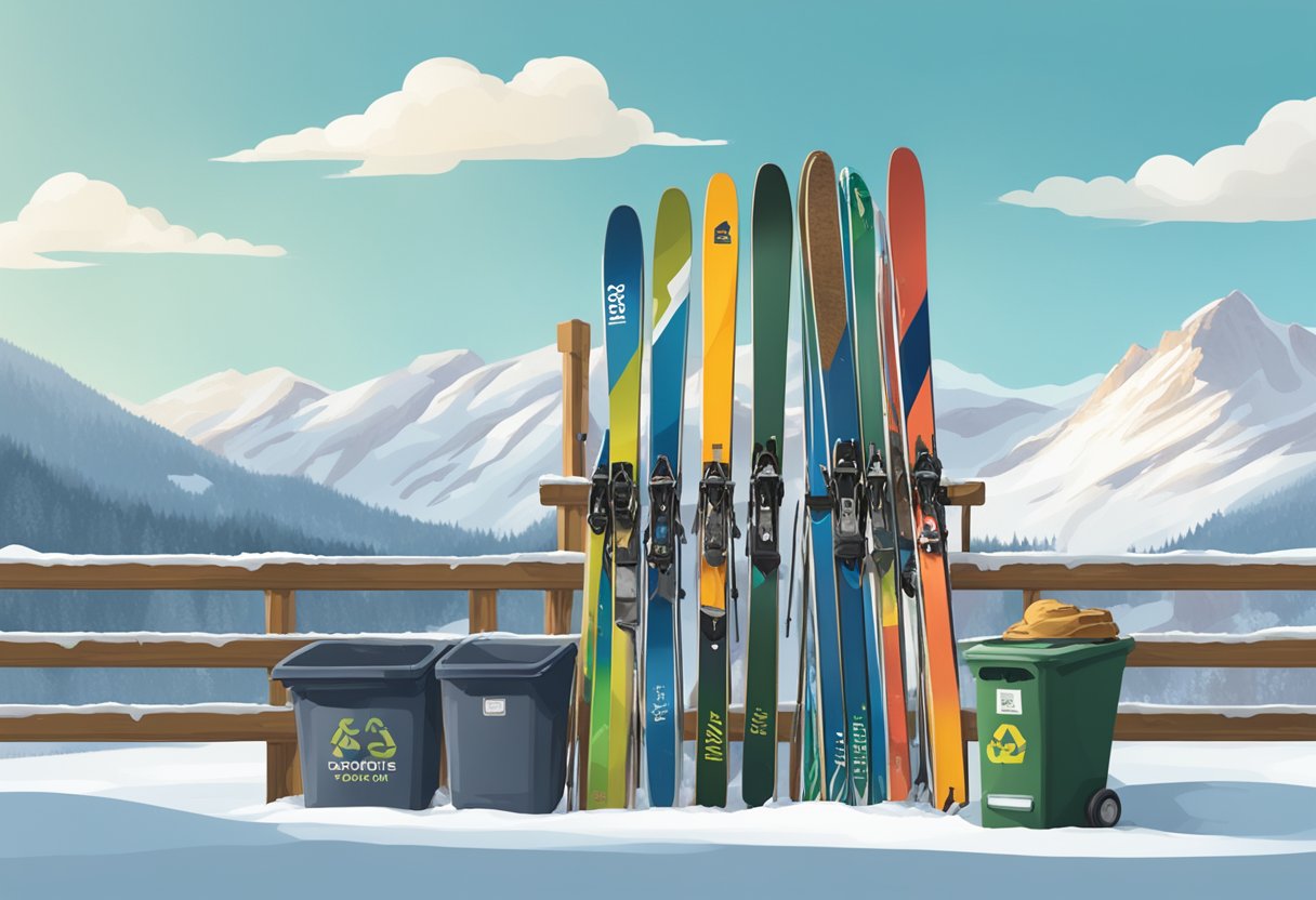 Old skis stacked next to a collection bin labeled "Recycle and Donate Ski Equipment." Snowy mountain backdrop