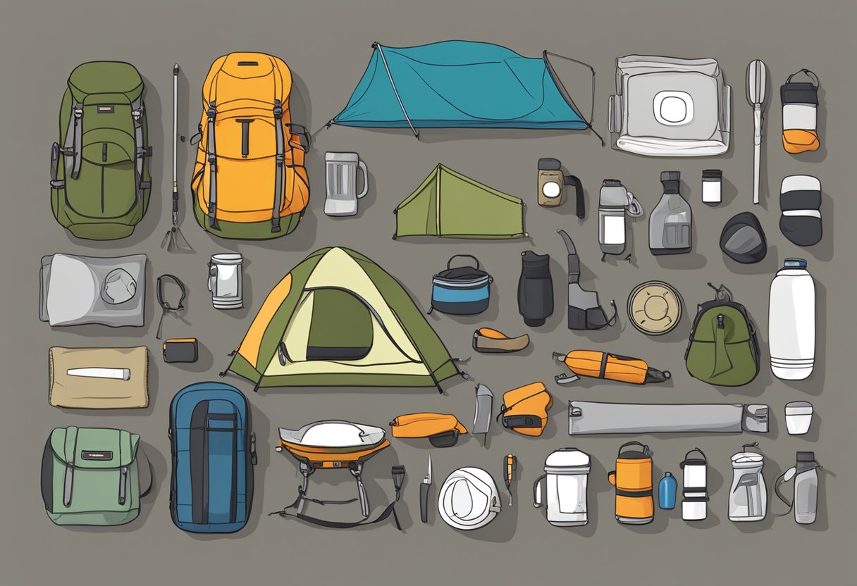 An array of worn camping gear laid out for assessment and preparation. Tents, sleeping bags, and cooking equipment are spread across a table, ready to be inspected and readied for use