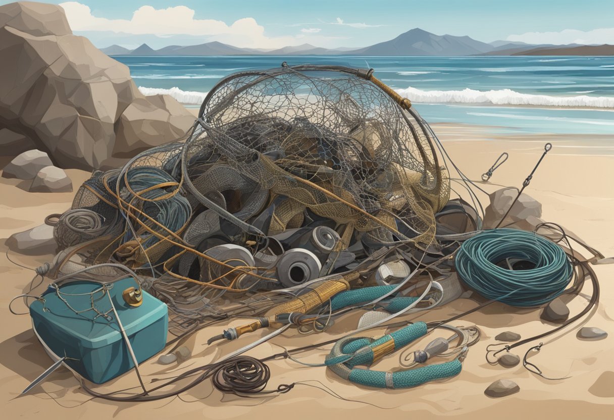 A pile of old fishing gear sits on the shore, tangled lines and rusted hooks scattered among the rocks and sand