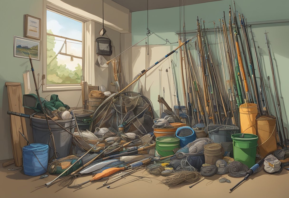 A pile of worn fishing rods, nets, and tackle sits in a cluttered corner. A sign reads "Options for Old Fishing Gear" with arrows pointing to recycling, donation, and repurposing