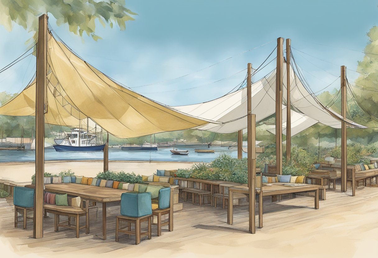 Old boating gear being repurposed: sails turned into shade structures, oars used as garden trellises, and buoys transformed into outdoor seating