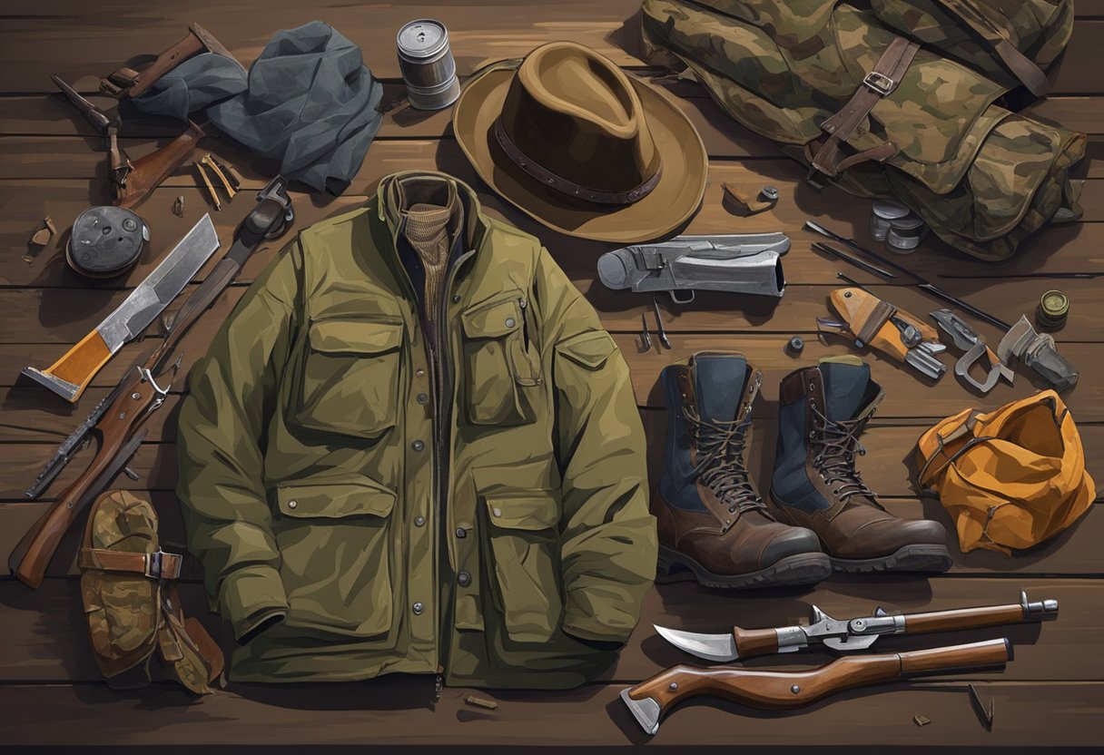 Old camouflage gear scattered on a workbench, rusted rifles, torn camouflage jackets, and worn-out boots. A hunter contemplates whether to repair or discard the items