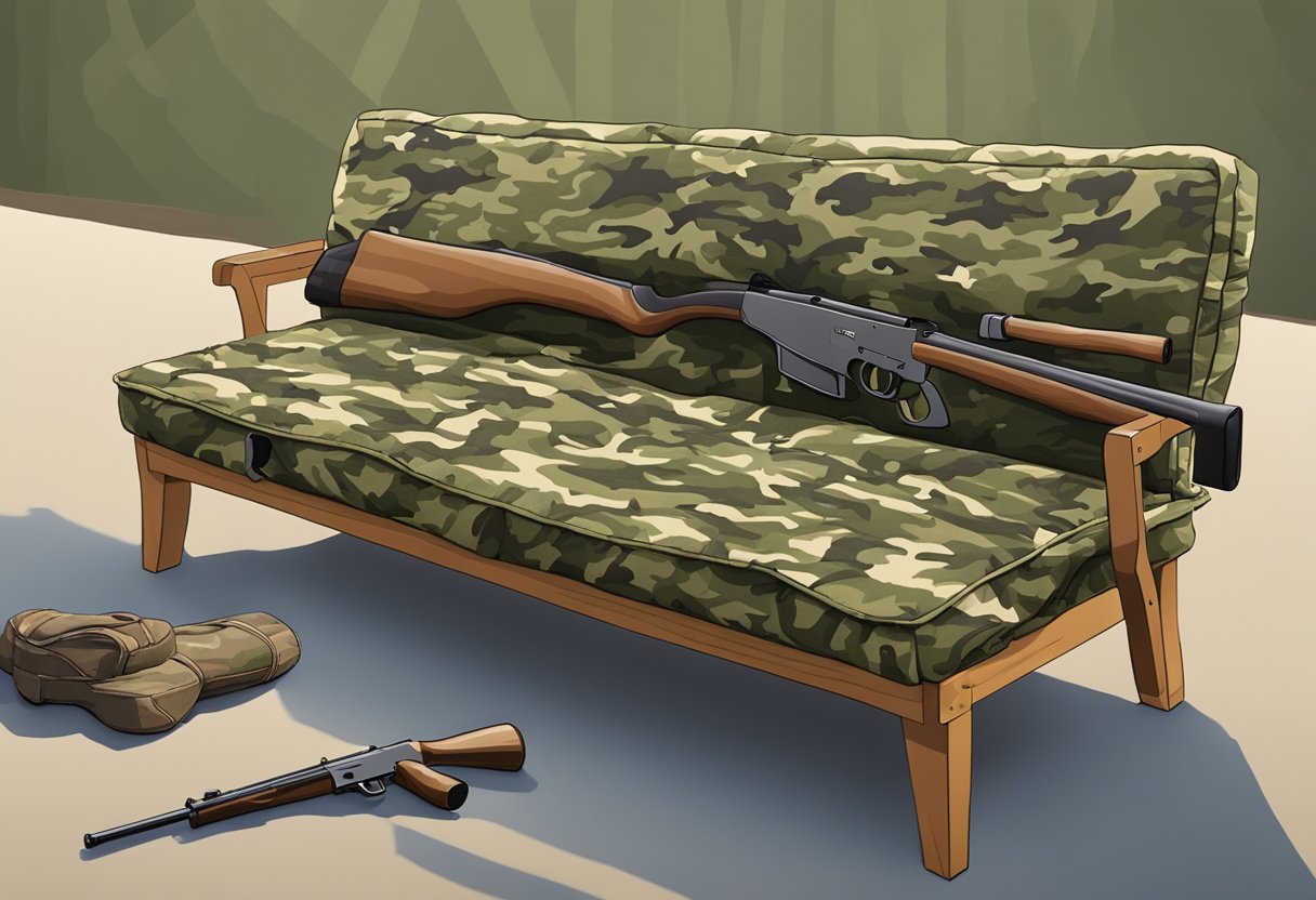 Old camouflage gear being transformed into new items: a rifle stock repurposed into a coat rack, camouflage fabric recycled into outdoor cushions