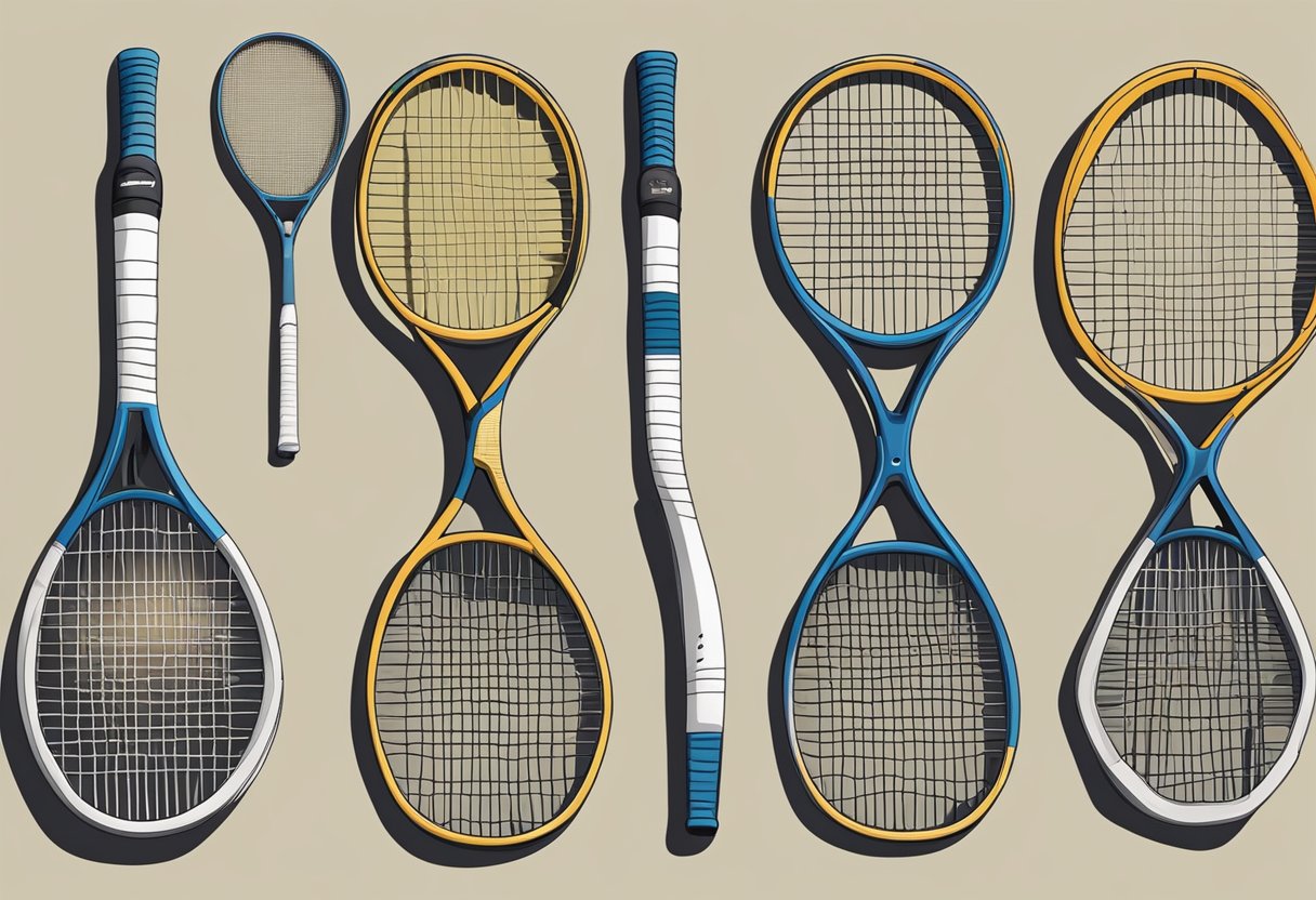 An array of old tennis rackets lay scattered on a dusty table, some with worn grips and cracked frames, while others appear relatively well-preserved