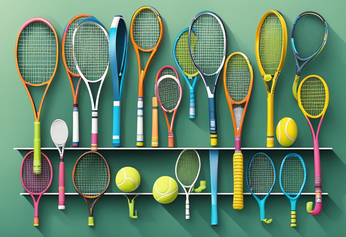 Old tennis rackets hung on a wall, transformed into shelves and hooks for organizing sports equipment and accessories