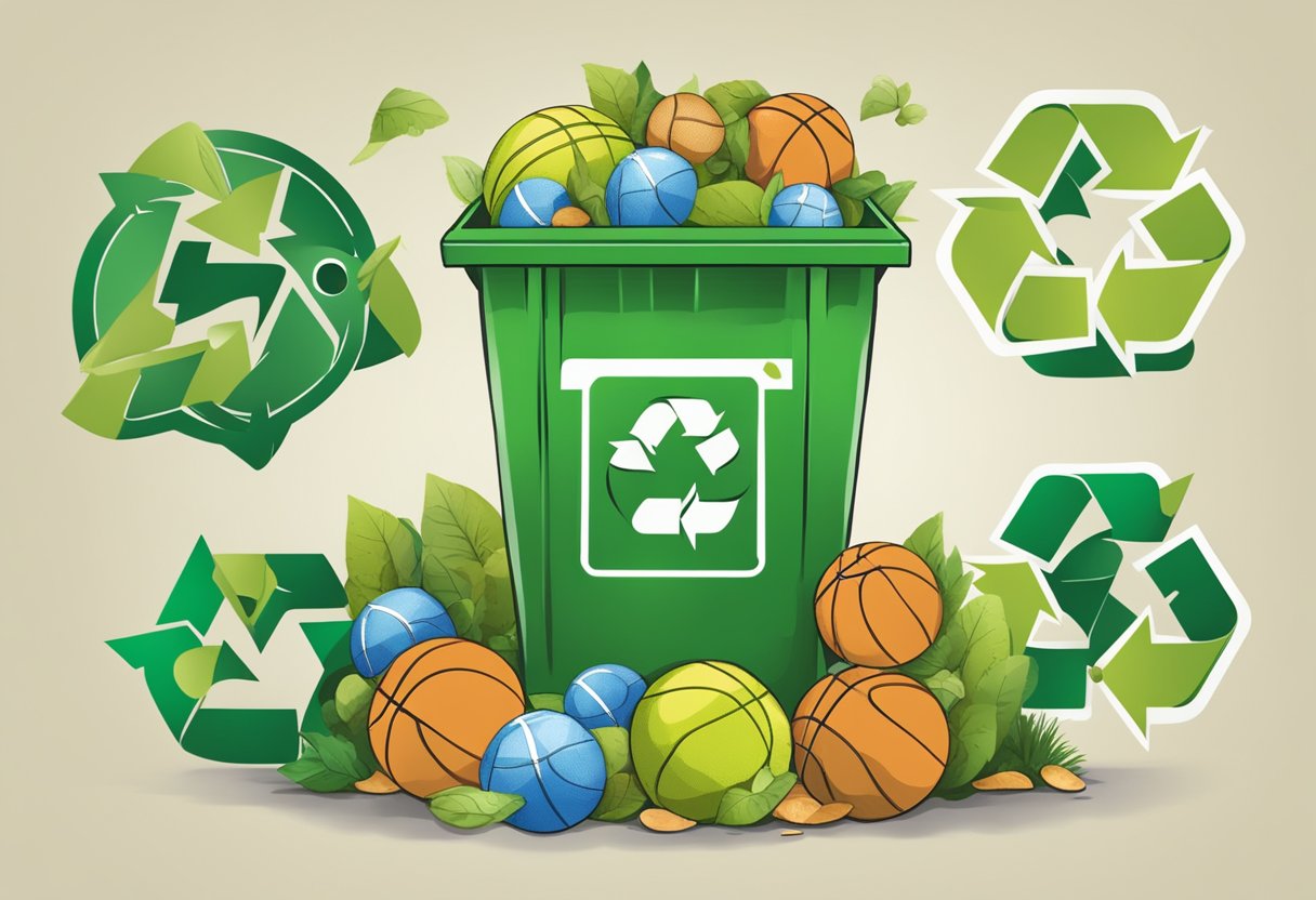 A recycling bin filled with old basketballs, surrounded by green recycling symbols and a sign reading "Eco-Conscious Disposal."