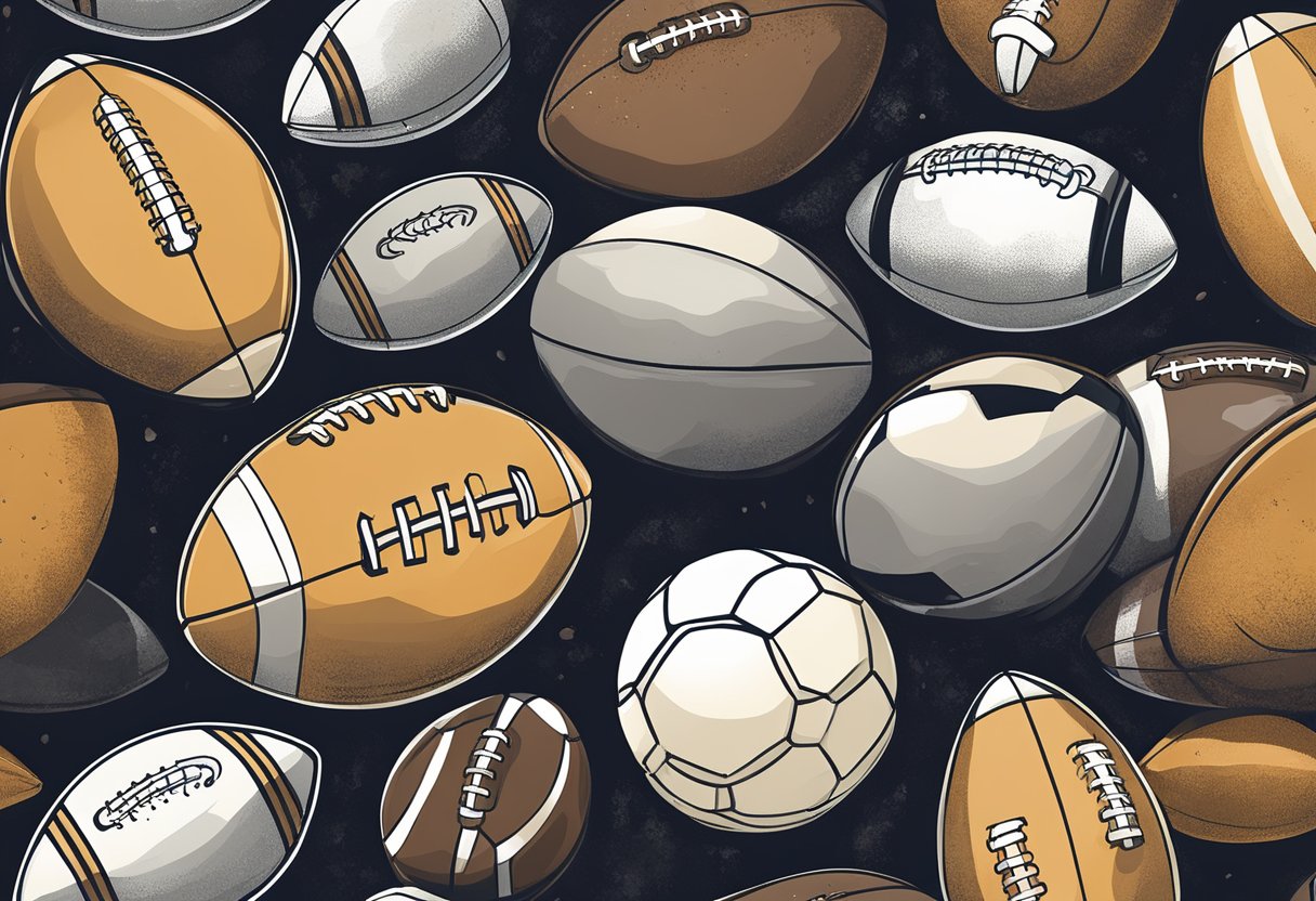 Several old footballs scattered on the ground. Some are deflated, while others show signs of wear and tear