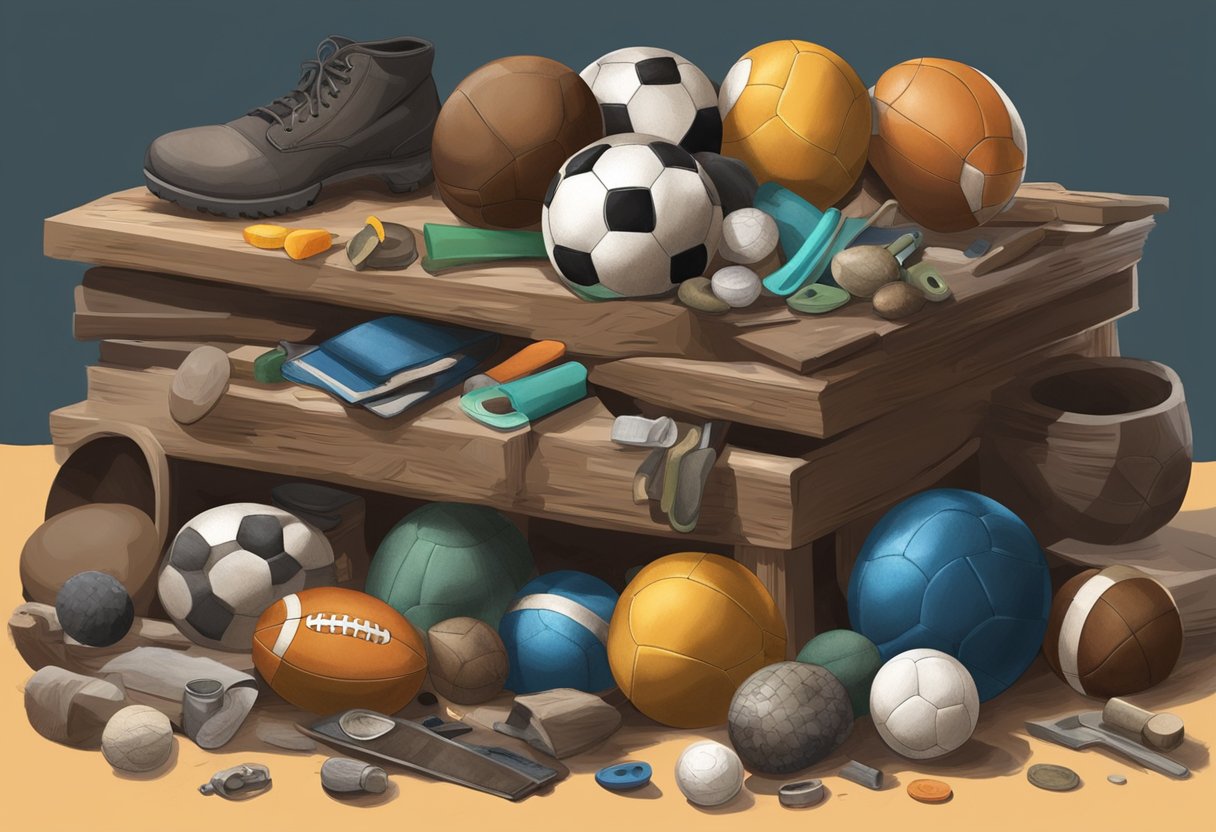 A pile of worn footballs sits in a workshop, surrounded by tools and materials. A person repurposes them into new items like ottomans and pet toys