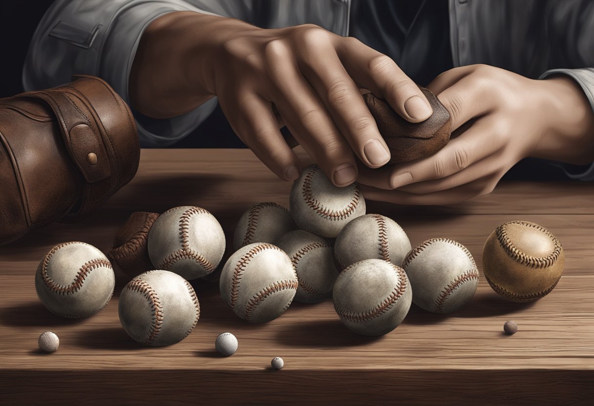 Old baseballs scattered on a dusty wooden table, some with worn leather, others with faded logos. A hand reaches for one, pondering its fate