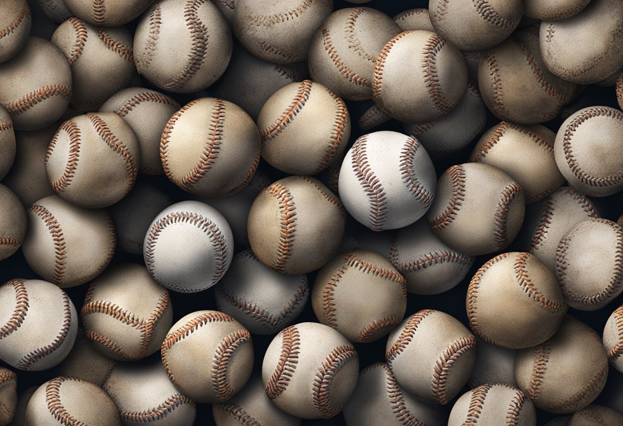 A pile of weathered baseballs sits on a dusty shelf, some with faded logos, others scuffed and worn. A few are cracked and split, showing their age