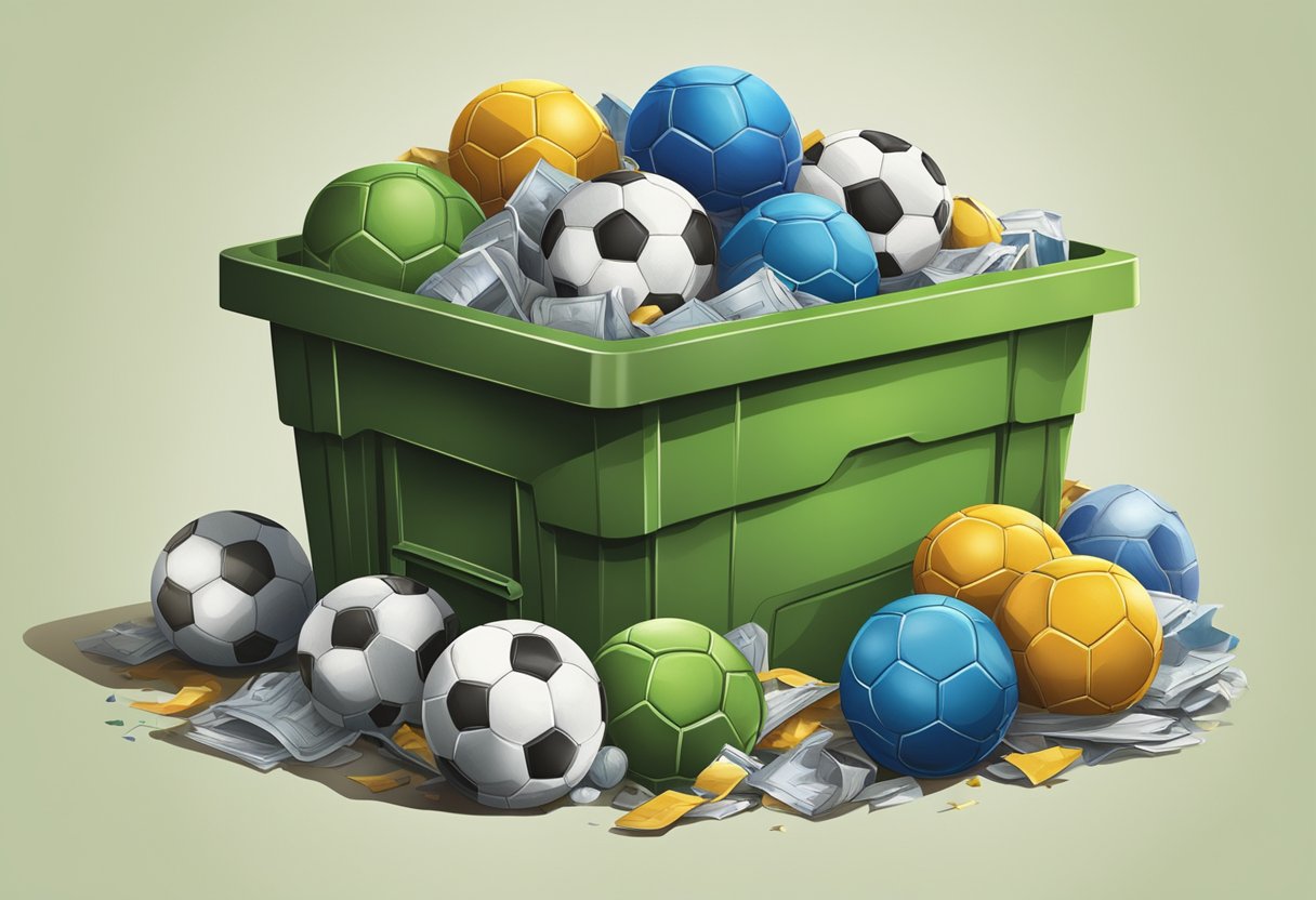 Old soccer balls piled in a recycling bin, being cut open and their materials repurposed for new products