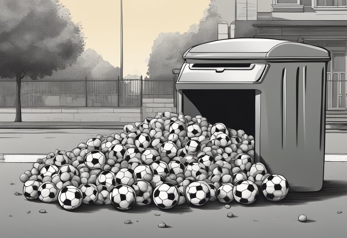 A pile of worn-out soccer balls sits next to a recycling bin. A person drops the balls into the bin, ready for repurposing