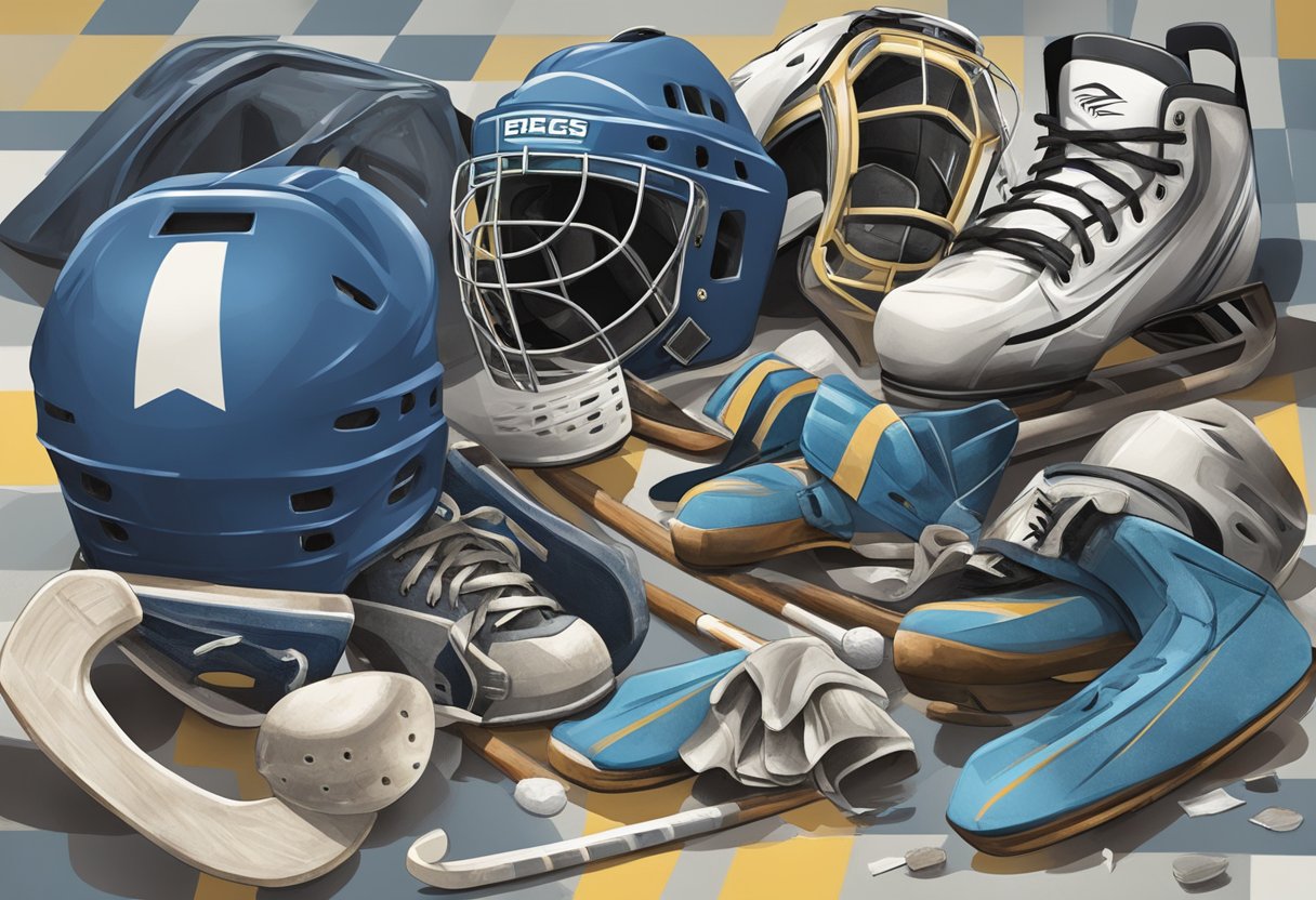 Old hockey equipment scattered on the floor, showing signs of wear and tear. Helmets, pads, and sticks in disarray, some with visible damage