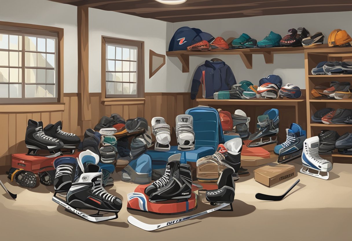 A pile of old hockey equipment sits in a garage. Skates, pads, and sticks are neatly arranged, with a sign reading "Options for Used Hockey Equipment" nearby