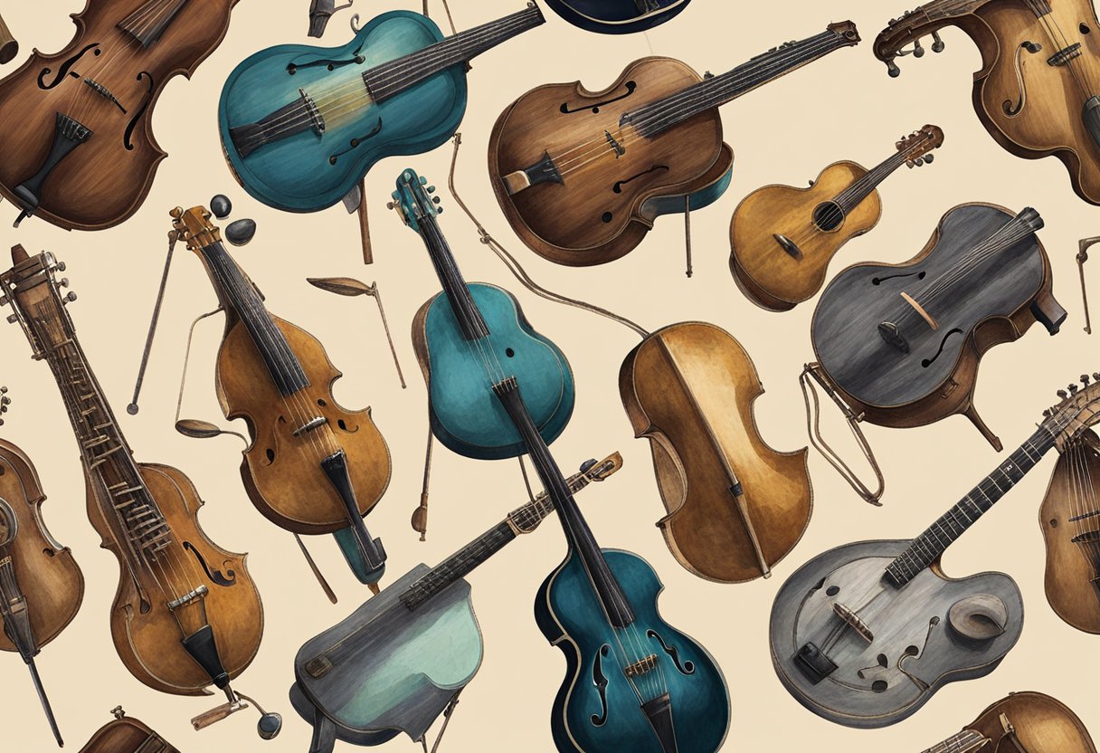 An array of old musical instruments lay scattered on a worn wooden table, showing signs of age and wear. Dust settles on the strings and keys, while the once vibrant colors fade with time