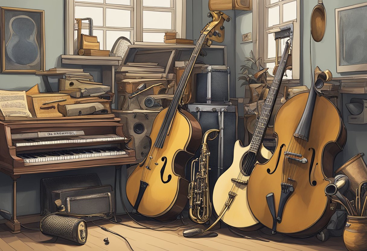 A pile of old musical instruments sits in a corner, waiting to be rehomed. A sign nearby offers tips for finding new owners