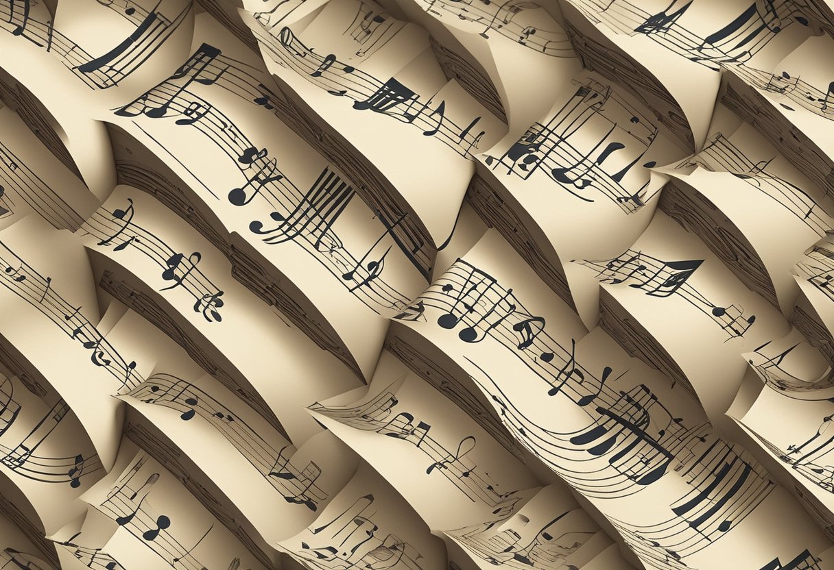 Old sheet music is folded and cut into intricate shapes, then arranged on a wall in a visually appealing pattern. Light shines through the delicate paper, casting interesting shadows