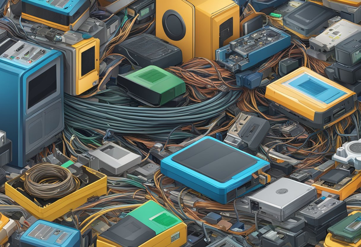 A pile of old electronics cables and devices sits in a corner, surrounded by discarded electronic waste