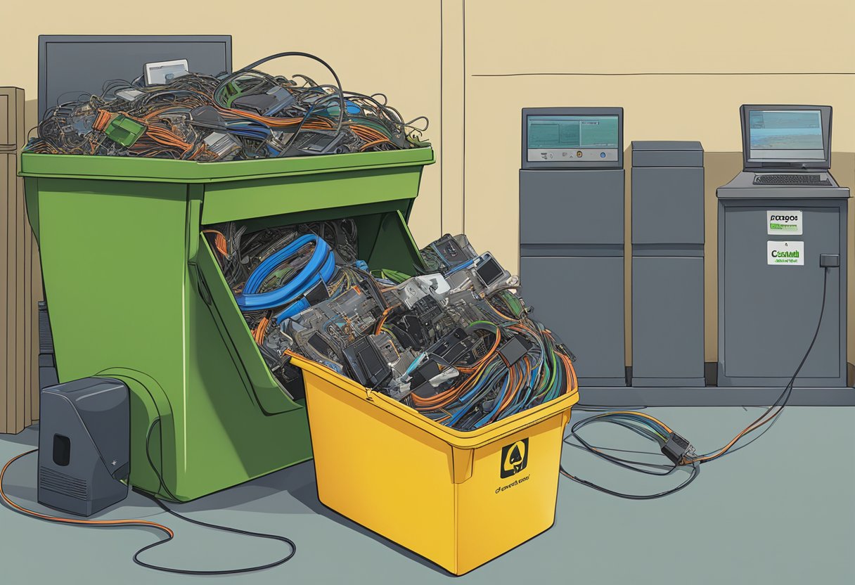 A recycling bin filled with old electronics cables, with a nearby sign indicating "Proper Disposal of Old Electronics Cables."