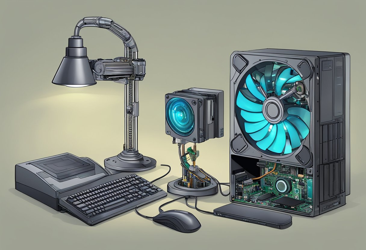 Old computer parts being transformed into new items, like a desk lamp made from a motherboard, or a clock made from a hard drive