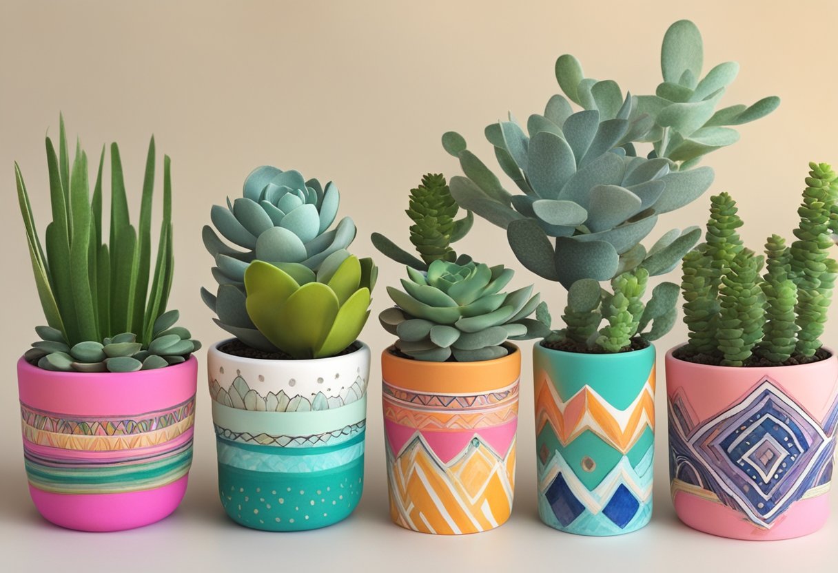 An artist repurposes old makeup containers into mini planters, adding succulents and herbs. Bright colors and intricate designs add a whimsical touch to the upcycled pots