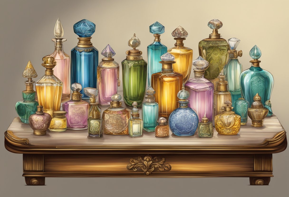 An antique table with a collection of vintage perfume bottles, each unique in design, arranged in a decorative manner