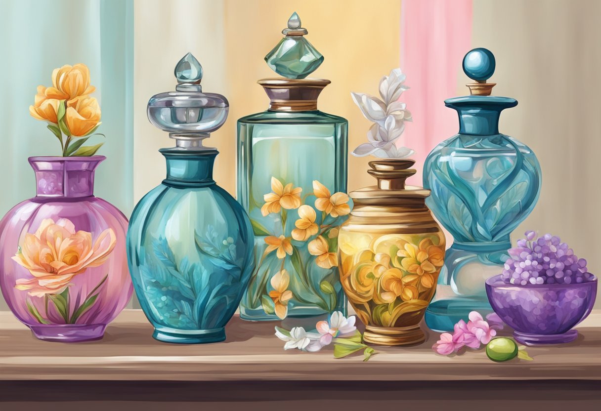 Old perfume bottles being transformed into decorative vases or candle holders. Painted and adorned with ribbons or beads. Displayed on a shelf or table