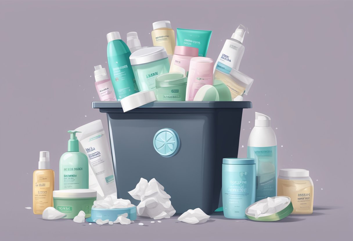 A pile of expired skincare products, with faded labels and open containers, being discarded into a trash bin