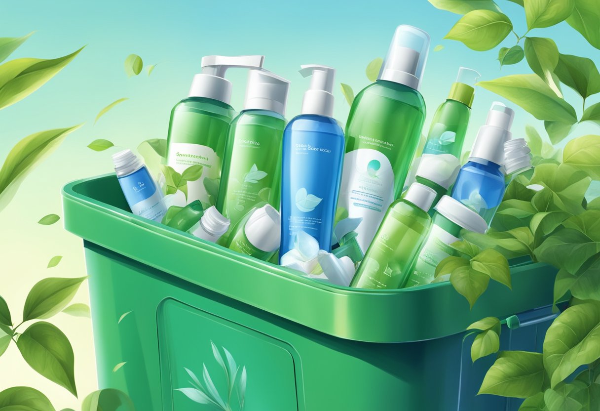 Empty skincare bottles in a recycling bin, surrounded by green plants and a clear blue sky