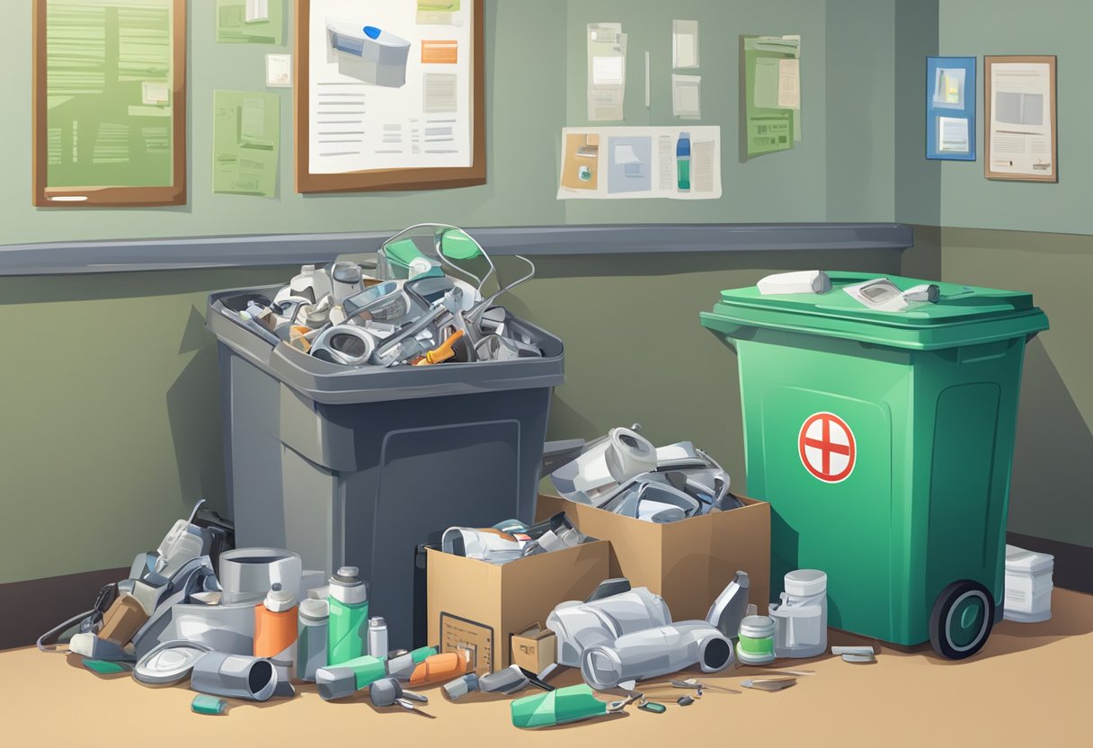 Old medical equipment piled in a corner. A recycling bin nearby. A sign with options for disposal