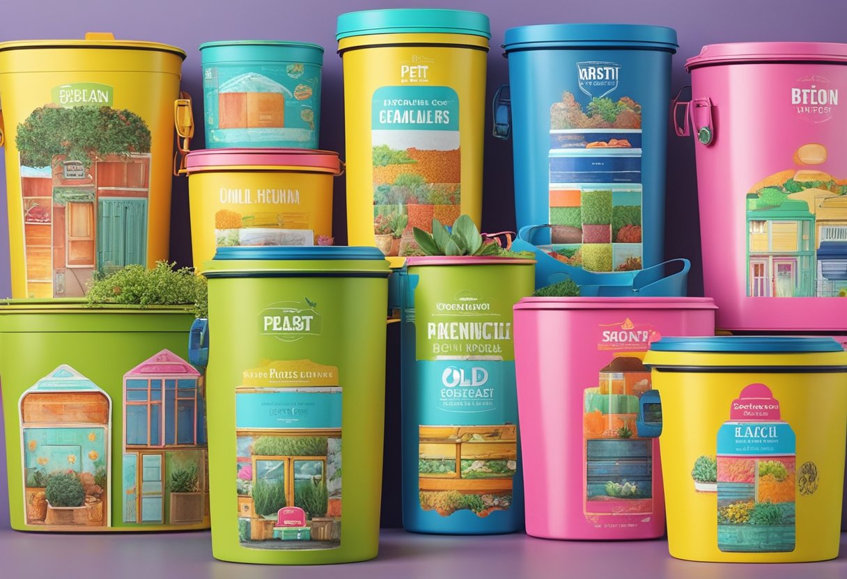 Old pet food containers repurposed as planters, organizers, and storage bins. Bright colors and creative labels. Upcycling in action